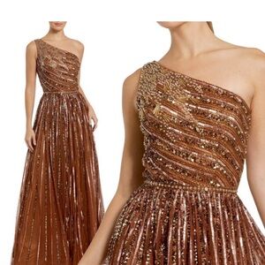 Mac Duggal 5220 Size 12 Copper Brown Sequin One Shoulder Gown Long Maxi Dress
